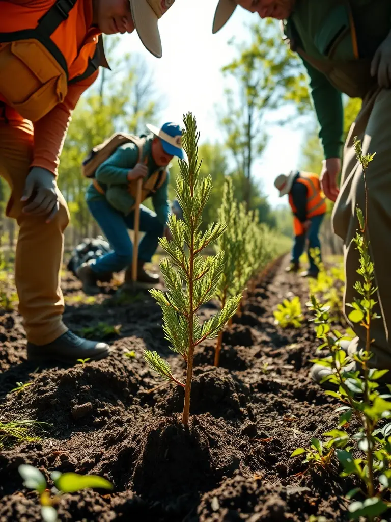 An image showcasing SCCC members participating in a habitat restoration project, planting trees and clearing invasive species to improve the local ecosystem.