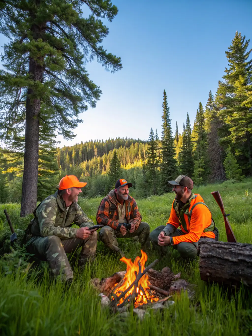 A photograph capturing a group of hunters participating in a guided deer hunt in the French Alps, emphasizing responsible hunting practices and respect for wildlife.