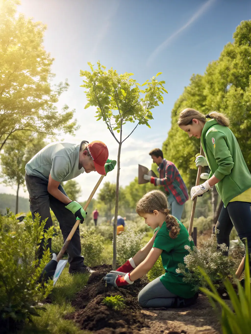 A group of volunteers planting trees as part of a reforestation project organized by the SCCC, demonstrating their commitment to environmental conservation.
